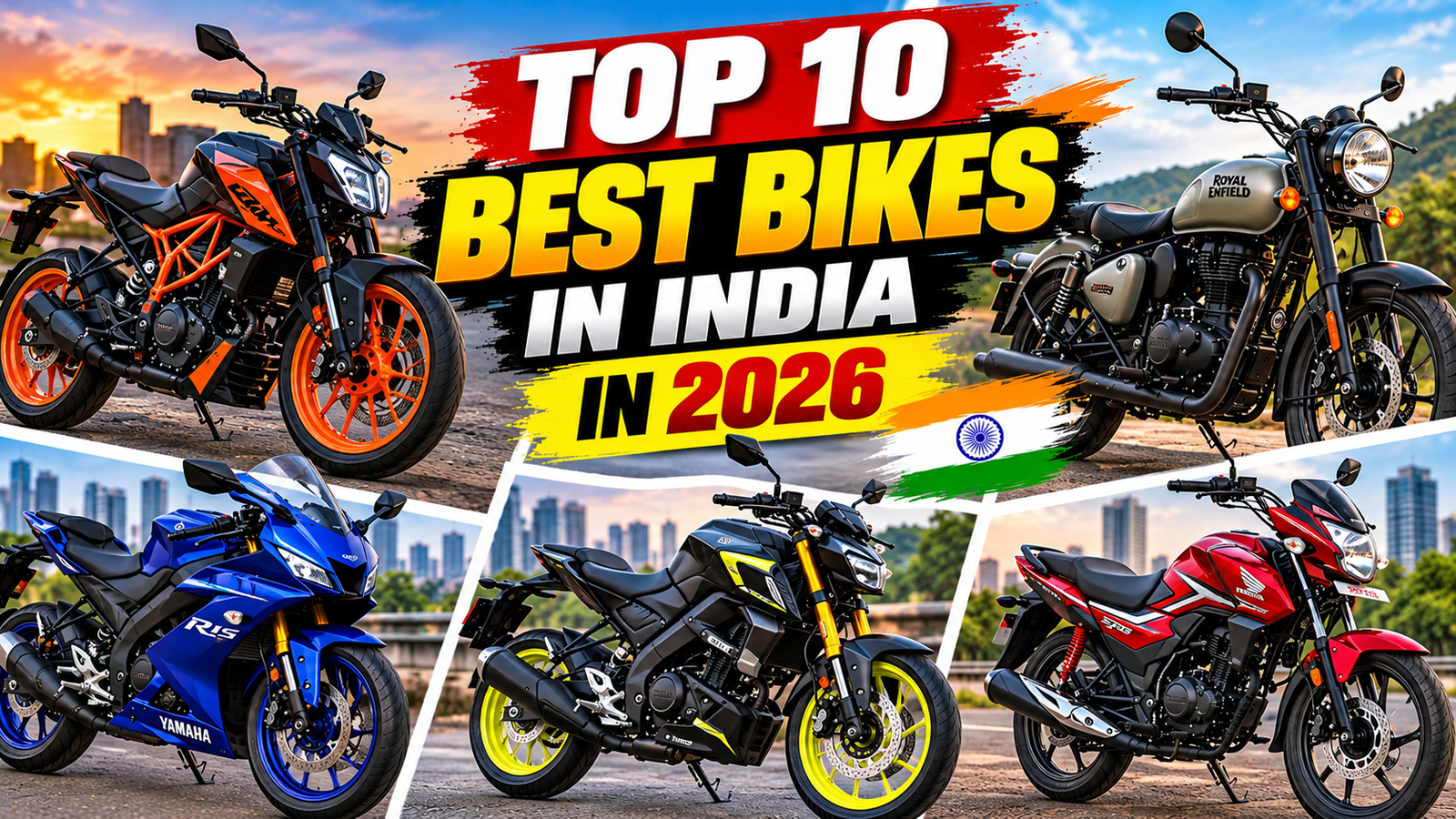 Top 10 best bikes in India in 2026, colourful collage of motorcycles with title text